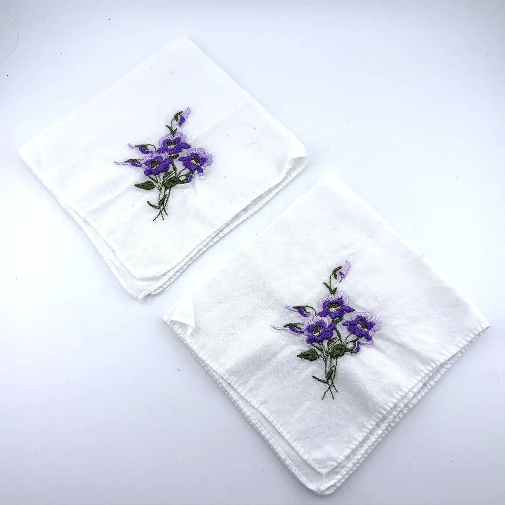 Vintage White Cotton Handkerchiefs Set of 2 Purple Floral Embroidery Square